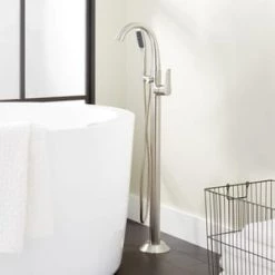 Wholesale ✨ Signature Hardware Provincetown 8.5 gpm Floor Mount Tub Filler with Single Lever Handle and 1.8 gpm Handshower in Brushed Nickel 🧨