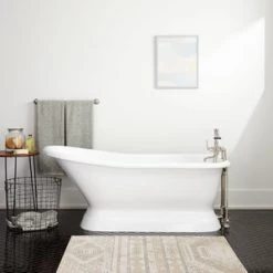 Coupon 😀 Signature Hardware Jude 66 x 30 in. Freestanding Bathtub End Drain in White 😀