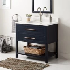 Outlet 🧨 Signature Hardware Robertson 36 in. Floor Mount Vanity in Midnight Navy Blue, Feathered White with White 😍
