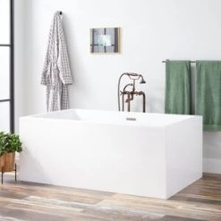 Best Sale 🔥 Signature Hardware Clarissa 59 x 37-1/4 in. Freestanding Bathtub Center Drain in White with Oil Rubbed Bronze Trim 🎁