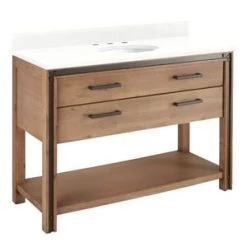 New 🥰 Signature Hardware Celebration 48 in. Floor Mount Vanity in Rustic Acacia with Feathered White 🧨