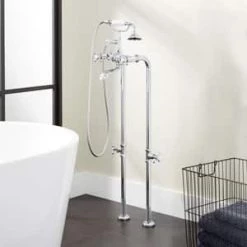 Budget 🥰 Signature Hardware Boca Raton Three Handle Cross Floor Mount Filler in Chrome (Trim Only) ❤️ -Signature Hardware Shop Query 1406