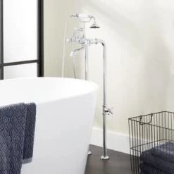 Budget 🥰 Signature Hardware Boca Raton Three Handle Cross Floor Mount Filler in Chrome (Trim Only) ❤️ -Signature Hardware Shop Query 1407