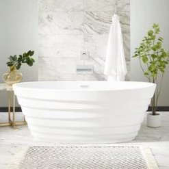 Flash Sale 👏 Signature Hardware Prescot 66-1/2 x 32 in. Freestanding Bathtub Center Drain in White with Polished Brass Trim 🎁