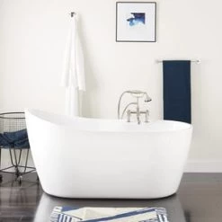 New 🧨 Signature Hardware Grotte 60-5/8 x 31-3/8 in. Freestanding Bathtub End Drain in White with Nickel Tones Trim 👍