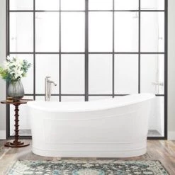 Best Pirce ⭐ Signature Hardware Royston 66 x 34-1/2 in. Freestanding Bathtub End Drain in White with Polished Nickel Trim ⌛
