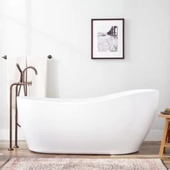 Budget 👍 Signature Hardware Giana 67 x 28-1/2 in. Freestanding Bathtub End Drain in White with Bronze Tones Trim 🤩