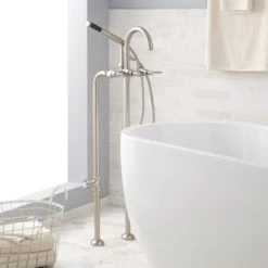 New 👍 Signature Hardware Sebastian Three Handle Lever Floor Mount Filler in Brushed Nickel 🔥