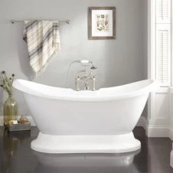 Brand new 🛒 Signature Hardware Rosalind 63 x 28 in. Freestanding Bathtub with Rear Center Drain in White 🔔