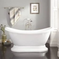 Brand new 🛒 Signature Hardware Rosalind 63 x 28 in. Freestanding Bathtub with Rear Center Drain in White 🔔 -Signature Hardware Shop Query 1779