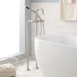 Coupon ⌛ Signature Hardware Sebastian Three Handle Lever Floor Mount Filler in Brushed Nickel 👏