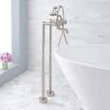 Budget 🎁 Signature Hardware Veyo Three Handle Cross Floor Mount Filler in Brushed Nickel 🤩 -Signature Hardware Shop Query 1954