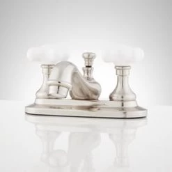 Wholesale ✔️ Signature Hardware Teapot Two Handle Centerset Bathroom Sink Faucet in Brushed Nickel 🎁