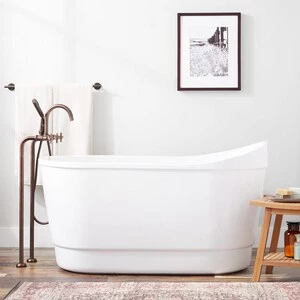 Discount βοΈ Signature Hardware Emeigh 55 x 28-1/2 in. Freestanding Bathtub End Drain in White with Nickel Tones Trim π 3 Discount βοΈ Signature Hardware Emeigh 55 x 28-1/2 in. Freestanding Bathtub End Drain in White with Nickel Tones Trim π