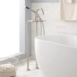 Brand new 🥰 Signature Hardware Sebastian Three Handle Lever Floor Mount Filler in Brushed Nickel ✔️