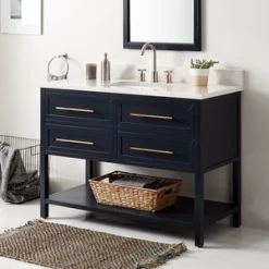 New ✔️ Signature Hardware Robertson 48 in. Floor Mount Vanity in Midnight Navy Blue, Feathered White with White 🌟