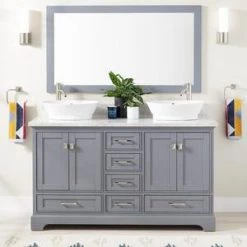 Best Sale 👍 Signature Hardware Quen 59-1/4 in. Floor Mount Vanity in Grey 🥰 -Signature Hardware Shop Query 3133