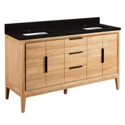 Cheap ❤️ Signature Hardware Aliso 60 in. Floor Mount Vanity in Natural Teak, Absolute Black with White 😀