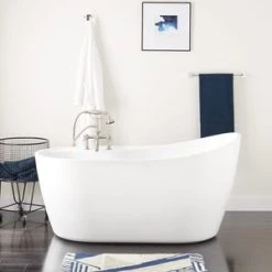 Deals 🧨 Signature Hardware Grotte 60-5/8 x 31-3/8 in. Freestanding Bathtub End Drain in White with Nickel Tones Trim 💯