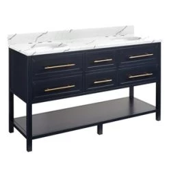 Best Sale ❤️ Signature Hardware Robertson 60 in. Floor Mount Vanity in Midnight Navy Blue, Hailstone White with White ✨