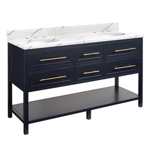 Best Sale ❤️ Signature Hardware Robertson 60 in. Floor Mount Vanity in Midnight Navy Blue, Hailstone White with White ✨ 3 Best Sale ❤️ Signature Hardware Robertson 60 in. Floor Mount Vanity in Midnight Navy Blue, Hailstone White with White ✨