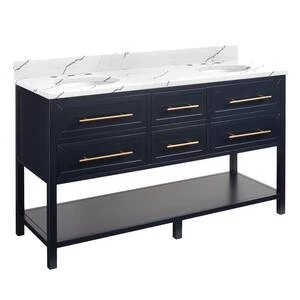 Best Sale ❤️ Signature Hardware Robertson 60 in. Floor Mount Vanity in Midnight Navy Blue, Hailstone White with White ✨ 4 Best Sale ❤️ Signature Hardware Robertson 60 in. Floor Mount Vanity in Midnight Navy Blue, Hailstone White with White ✨ - Image 2