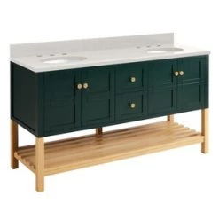 Best deal 🛒 Signature Hardware Olsen 60 in. Floor Mount Vanity in Hunter Green with White Oak 👍