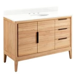 Brand new ⌛ Signature Hardware Aliso 48 in. Floor Mount Vanity in Natural Teak, Feathered White with White 🤩