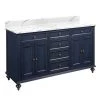 Flash Sale 🌟 Signature Hardware Keller 60 in. Floor Mount Vanity in Vintage Navy Blue, Hailstone White with Antique Brass 👍