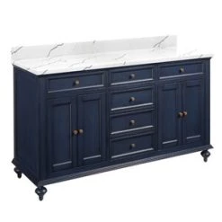 Flash Sale π Signature Hardware Keller 60 in. Floor Mount Vanity in Vintage Navy Blue, Hailstone White with Antique Brass π