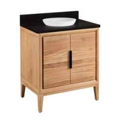 Best Sale 🤩 Signature Hardware Aliso 30 in. Floor Mount Vanity in Natural Teak, Absolute Black with White 😉
