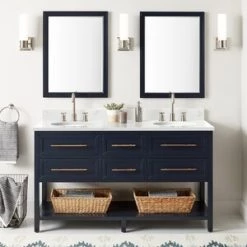 Wholesale ⌛ Signature Hardware Robertson 60 in. Floor Mount Vanity in Midnight Navy Blue, Feathered White with White 🤩