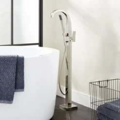 Deals 😉 Signature Hardware Vilamonte 1.8 gpm Floor Mount Tub Filler Faucet with Single Lever Handle in Polished Nickel 👏
