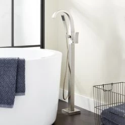 Budget ✔️ Signature Hardware Vilamonte 1.8 gpm Floor Mount Tub Filler Faucet with Single Lever Handle in Brushed Nickel 🔔