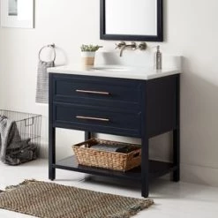 Deals 🔔 Signature Hardware Robertson 36 in. Floor Mount Vanity in Midnight Navy Blue, Arctic Snow with White 🥰
