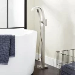 Budget ✔️ Signature Hardware Vilamonte 1.8 gpm Floor Mount Tub Filler Faucet with Single Lever Handle in Brushed Nickel 🔔 -Signature Hardware Shop Query 493
