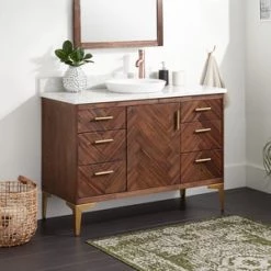 New 🥰 Signature Hardware Frey 48 in. Floor Mount Vanity in Russet Brown 💯