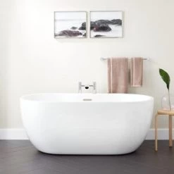 Flash Sale 🤩 Signature Hardware Boyce 69-7/8 x 29-1/2 in. Freestanding Bathtub Offset Drain in White with Nickel Tones Trim 😀