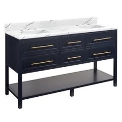 Cheap ✔️ Signature Hardware Robertson 60 in. Floor Mount Vanity in Midnight Navy Blue, Hailstone White with White 🤩