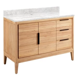Budget π Signature Hardware Aliso 48 in. Floor Mount Vanity in Natural Teak with Carrara βοΈ 3 Budget π Signature Hardware Aliso 48 in. Floor Mount Vanity in Natural Teak with Carrara βοΈ