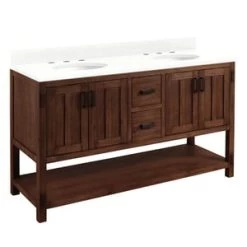 Cheapest 🛒 Signature Hardware Morris 60 in. Floor Mount Vanity in Rustic Brown with Feathered White 👏