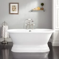 Discount ✔️ Signature Hardware Henley 60 x 30 in. Cast Iron Double-Ended Pedestal Tub with Offset Drain in White 😍