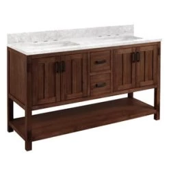 Outlet ⌛ Signature Hardware Morris 60 in. Floor Mount Vanity in Rustic Brown with Carrara 🧨